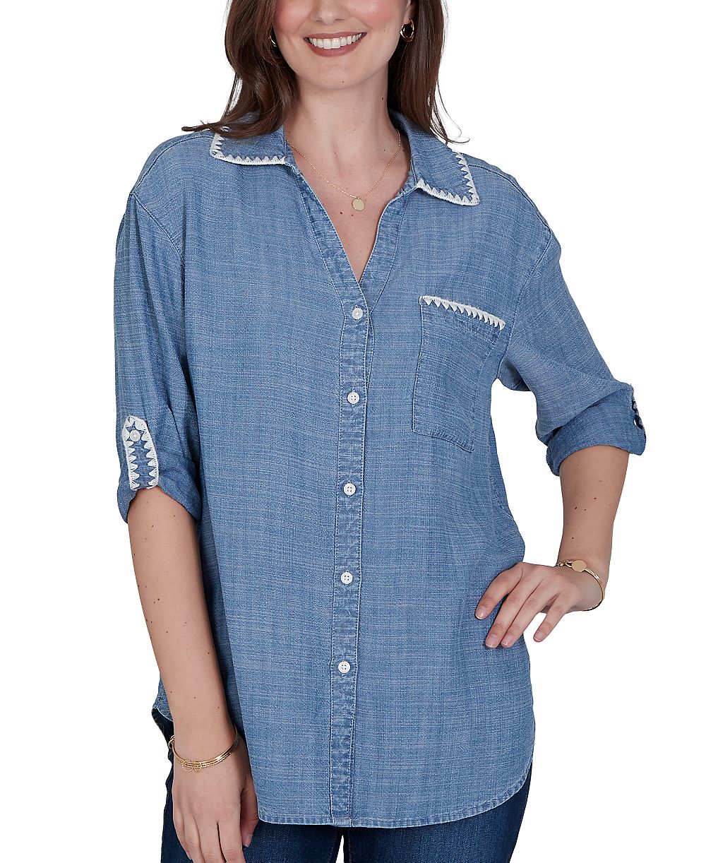 Ruby Rd. Petite 3/4-Sleeve Crochet-Trim Top with Curved Hem