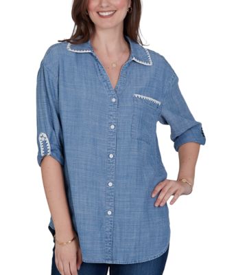 Ruby Rd. Petite 3/4-Sleeve Crochet-Trim Top with Curved Hem