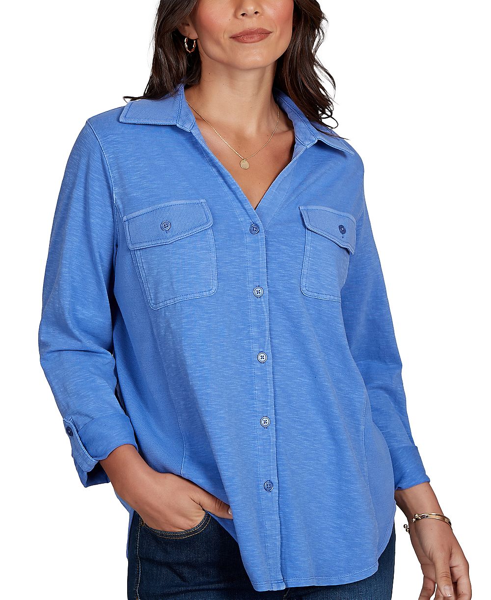 Ruby Rd. Petite Rib Trim Button-Front Knit Top