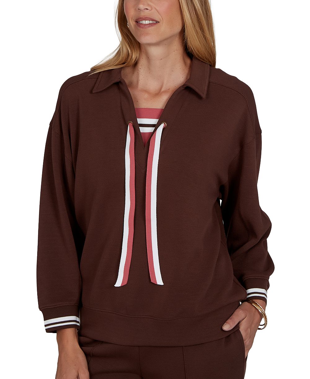 Ruby Rd. Petite Drawstring Stripe-Trim 3/4-Sleeve Pullover Top