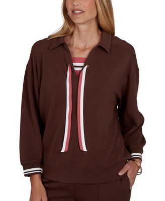 Ruby Rd. Petite Drawstring Stripe-Trim 3/4-Sleeve Pullover Top