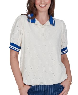 Ruby Rd. Petite Diamond-Eyelet Bubble-Hem Polo