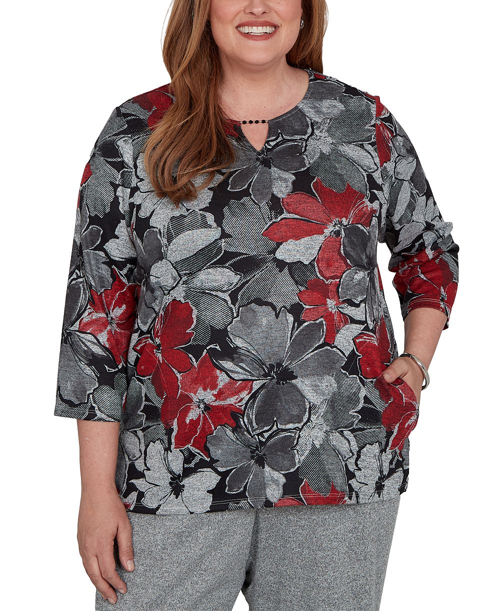 Женский топ Alfred Dunner Plus Size Floral с разрезом и рукавом 3/4