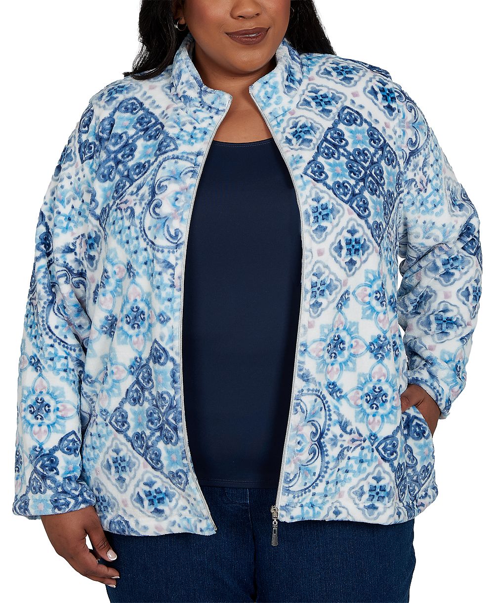 Alfred Dunner Куртка на молнии Plus Size Classic Soft Medallion Fleece с геометрическим принтом