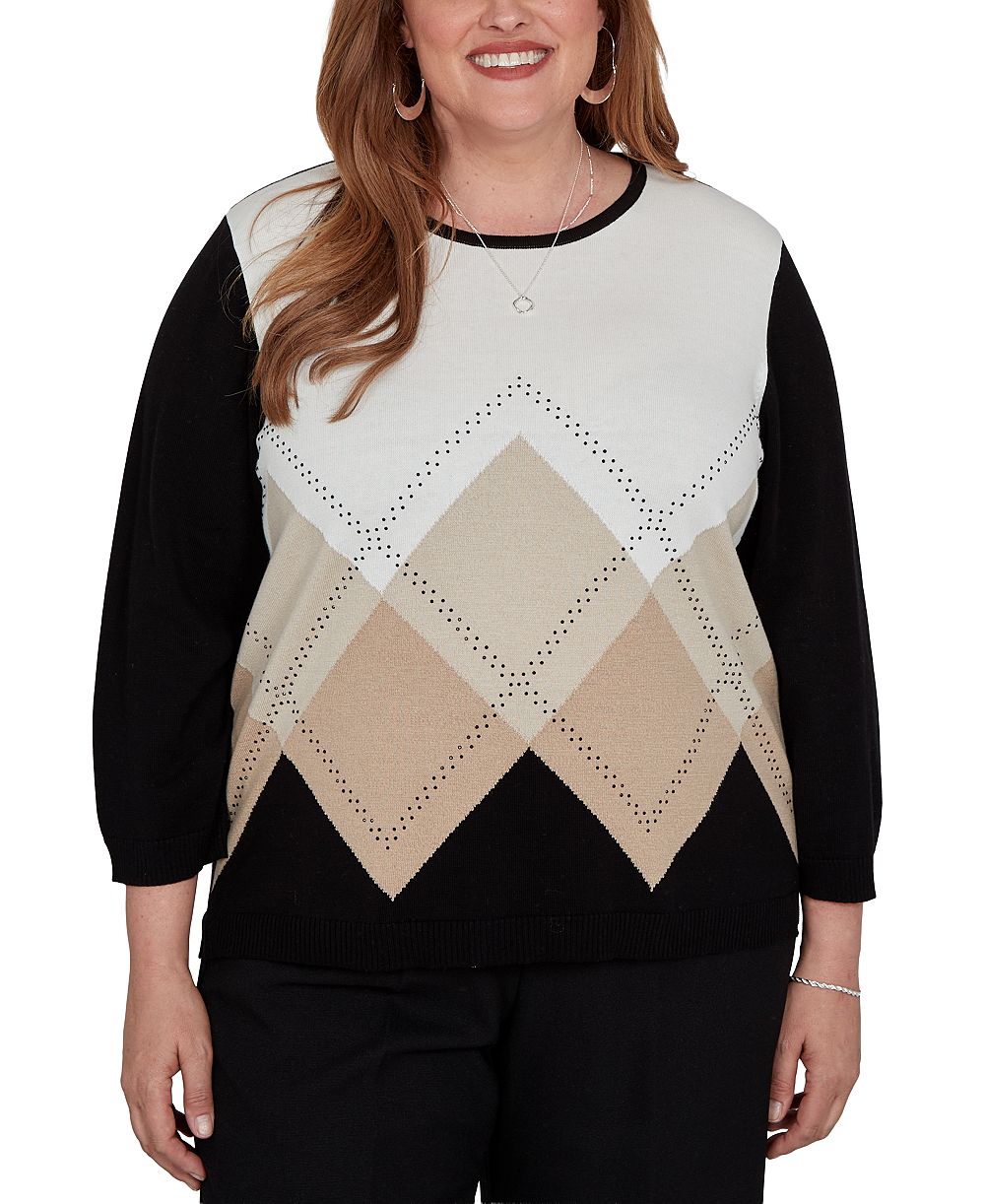 Alfred Dunner Plus Size Argyle Beaded 3/4-Sleeve Cotton-Blend Sweater
