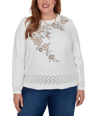 Alfred Dunner Plus Size Embroidered Floral Textured Chenille Sweater