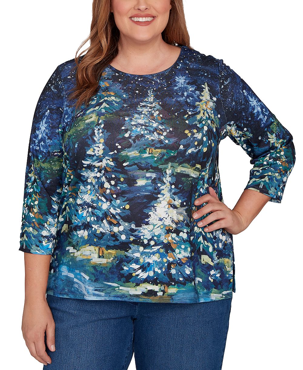 Alfred Dunner Plus Size верх с круглым вырезом и рукавом 3/4 Christmas Tree