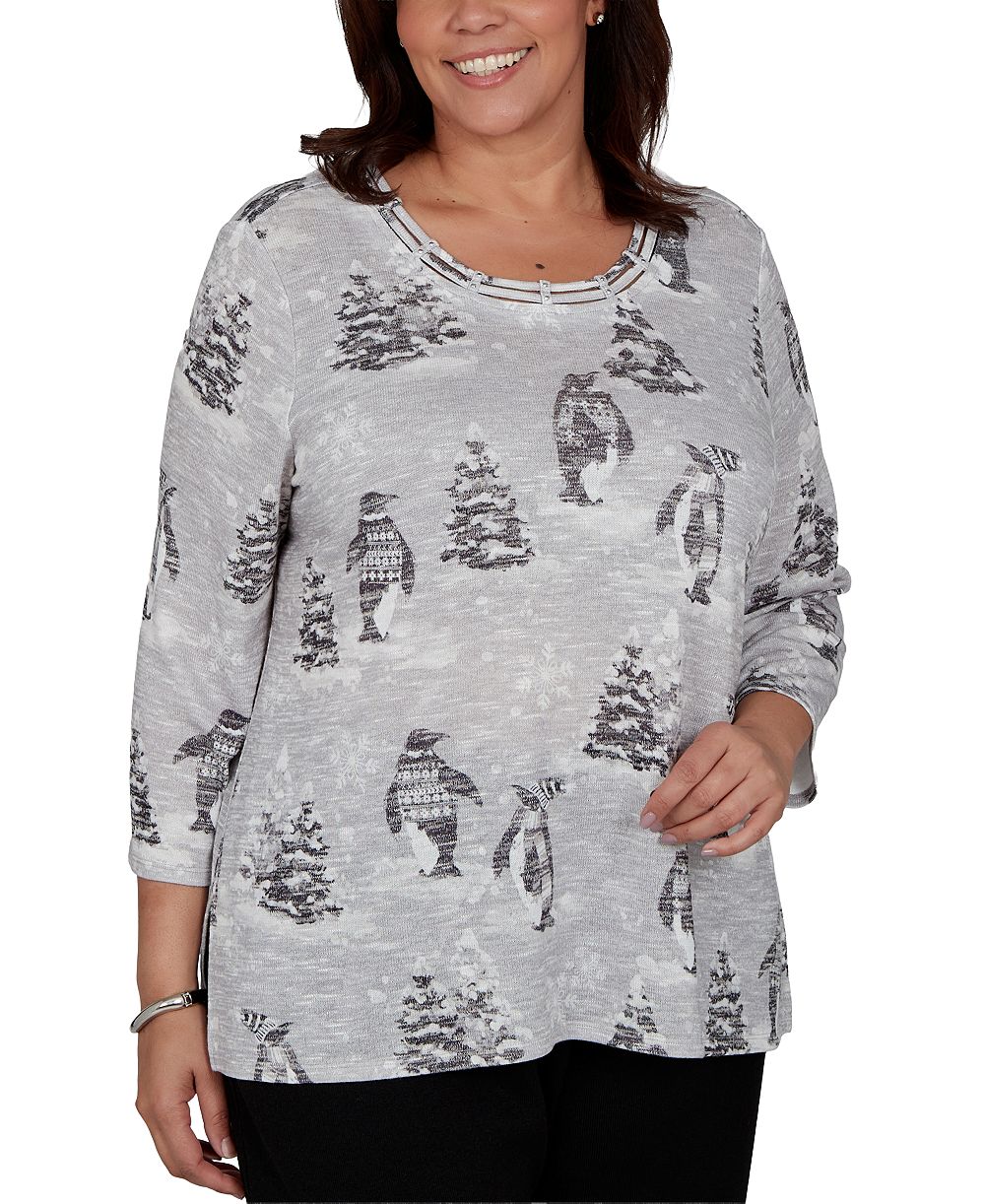 Вязаный топ Alfred Dunner Plus Size с принтом пингвины и деревья, рукав 3/4