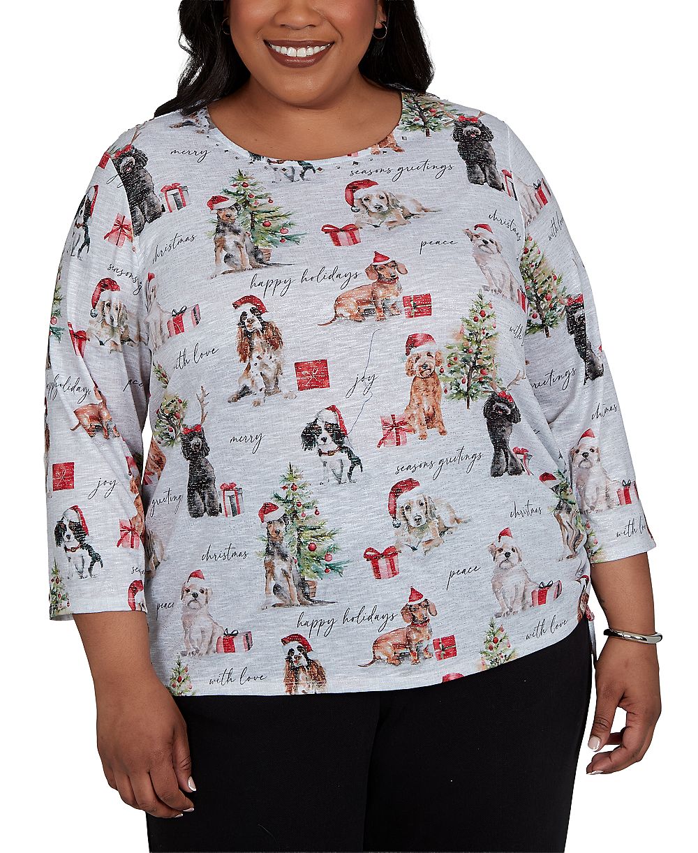 Alfred Dunner Plus Size трикотажный топ с рукавом 3/4 Classic Gift Giving Dogs Holiday