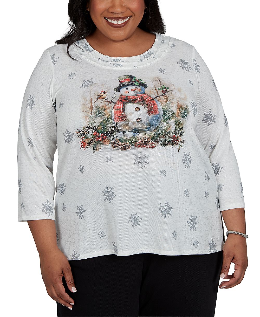 Женский праздничный топ Alfred Dunner Plus Size Shimmering Snowman 3/4-Sleeve