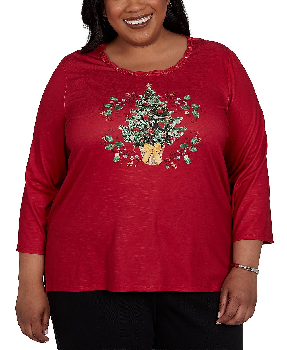 Alfred Dunner Plus Size топ с рукавом 3/4 и косым воротником Christmas Tree