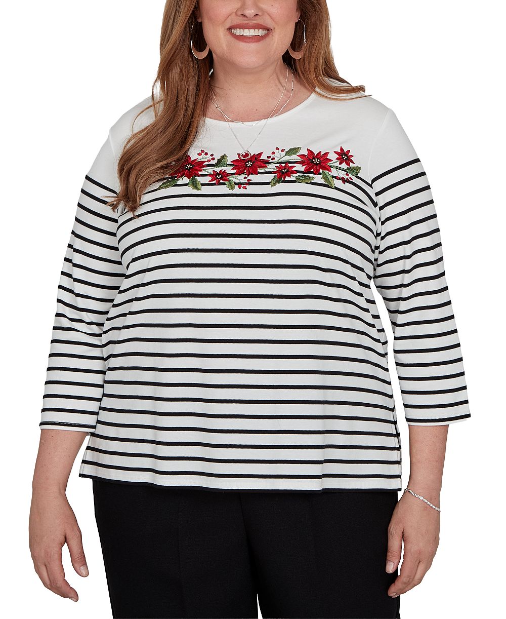 Вязаный топ Alfred Dunner Plus Size в полоску с рукавом 3/4 и круглым вырезом