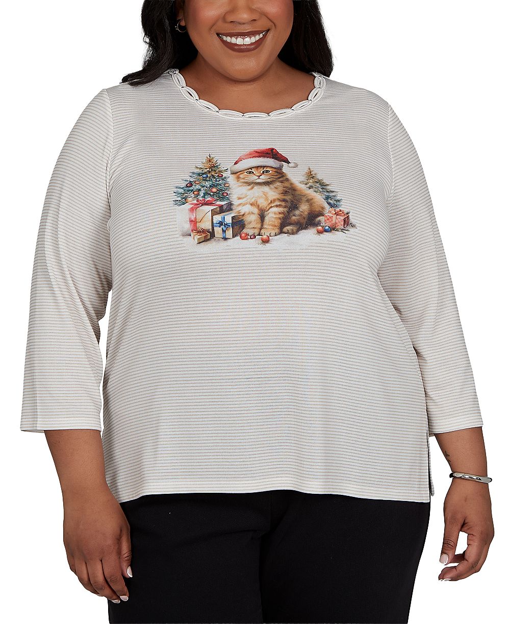 Alfred Dunner Plus Size Связанный топ Santa Cat с рукавом 3/4