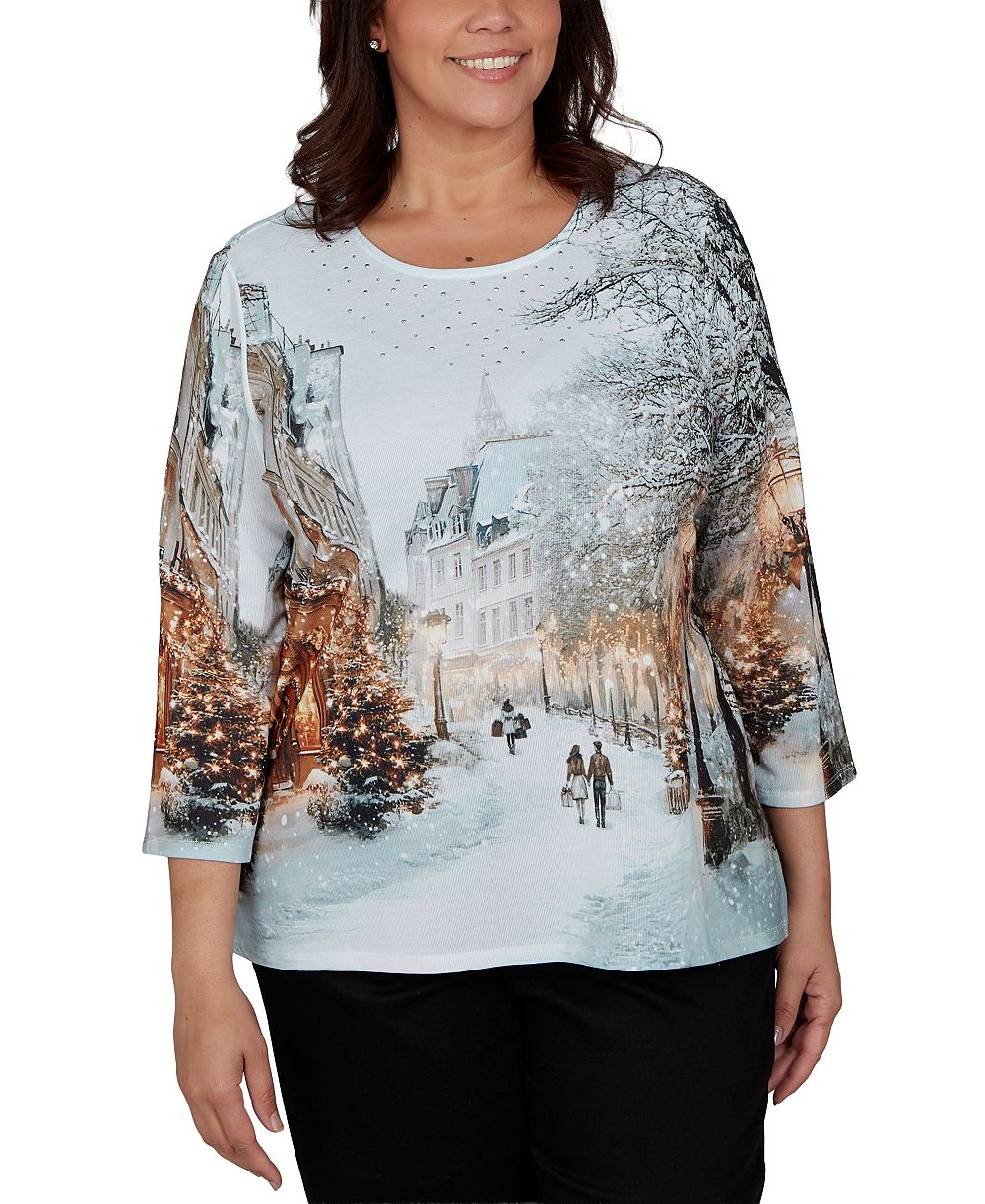 Alfred Dunner Plus Size трикотажный топ с рукавом 3/4 Classic Christmas In The City