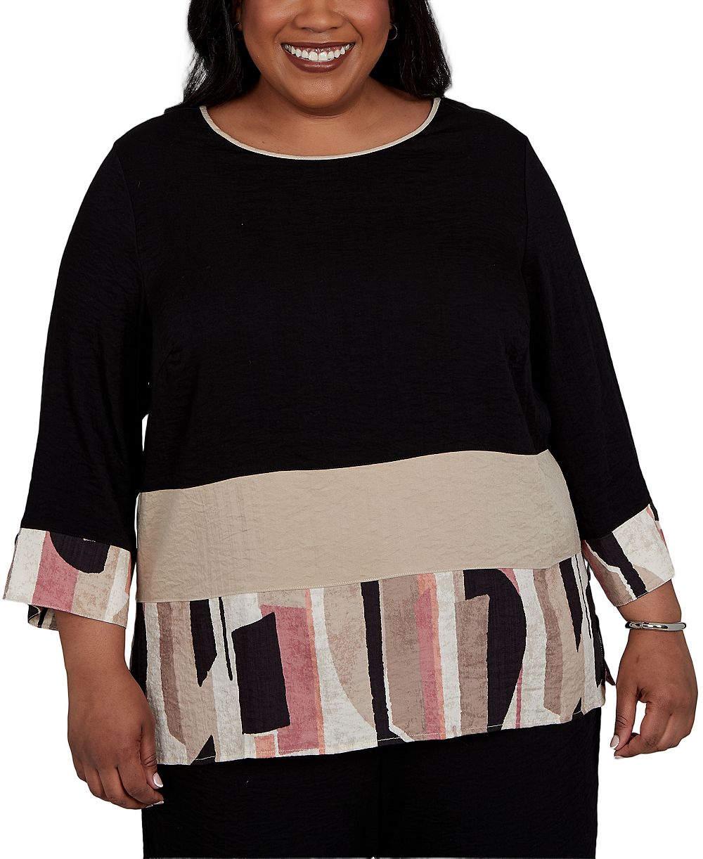 Блузка Alfred Dunner Plus Size Travel Advisory с лоскутным узором и рукавом 3/4