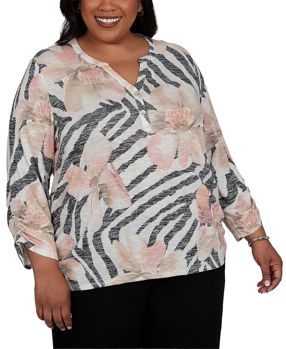 Alfred Dunner Plus Size Travel Advisory Топ Henley с анималистичным цветочным принтом и рукавом 3/4