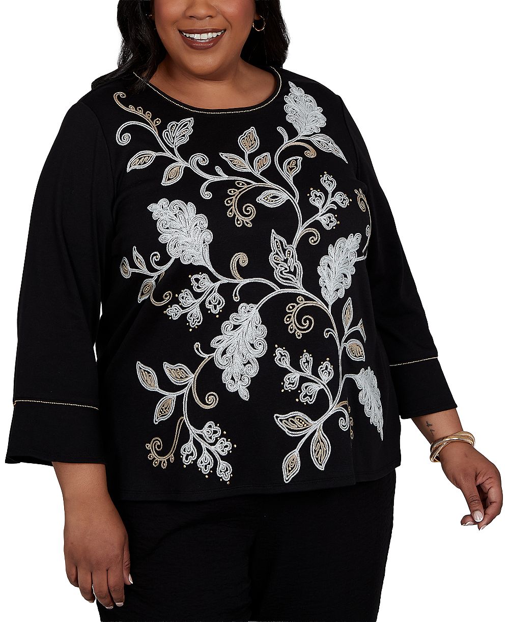 Alfred Dunner Plus Size Travel Advisory 3/4-Sleeve Crewneck Embroidered Top