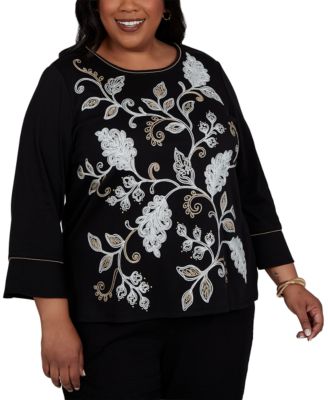 Alfred Dunner Plus Size Travel Advisory 3/4-Sleeve Crewneck Embroidered Top