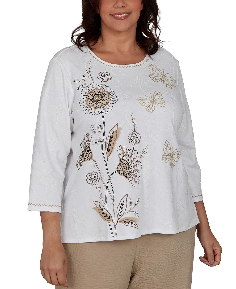 Топ Alfred Dunner Plus Size Travel Advisory с цветочной вышивкой и рукавом 3/4