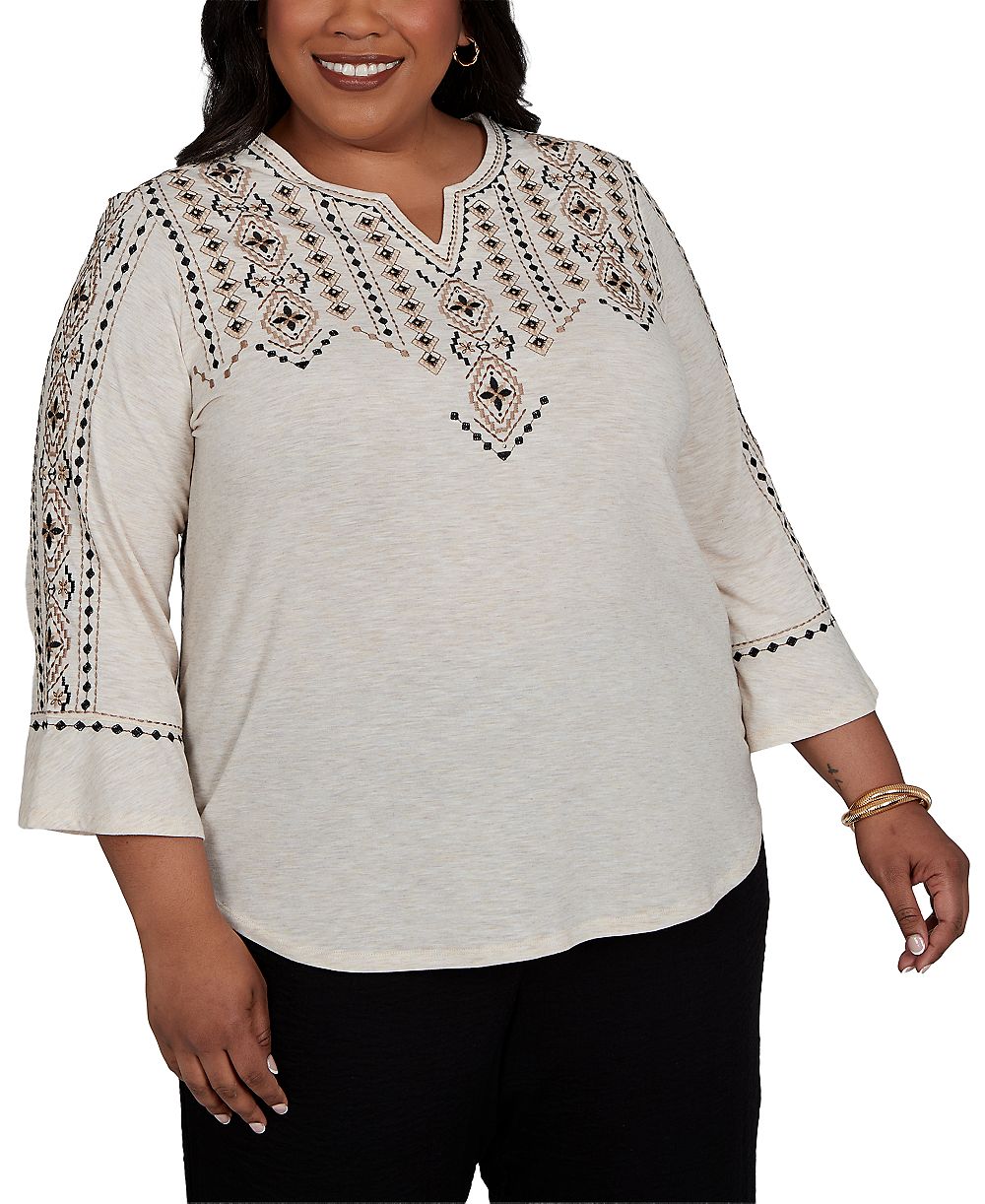 Alfred Dunner Plus Size Женский топ Travel Advisory с геометрическим вышитым принтом