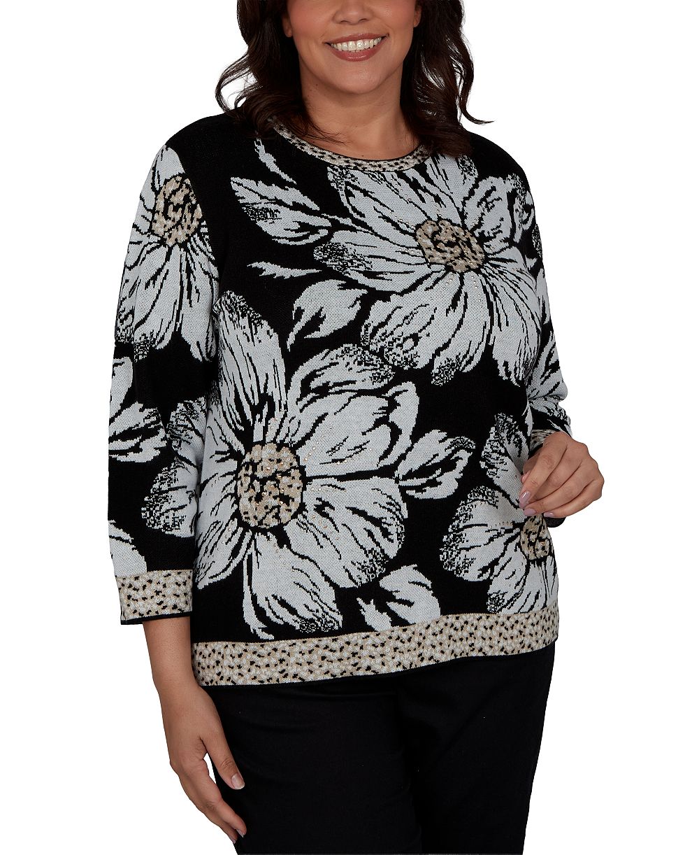 Свитер Alfred Dunner Plus Size Travel Advisory Floral 3/4-Sleeve Crewneck