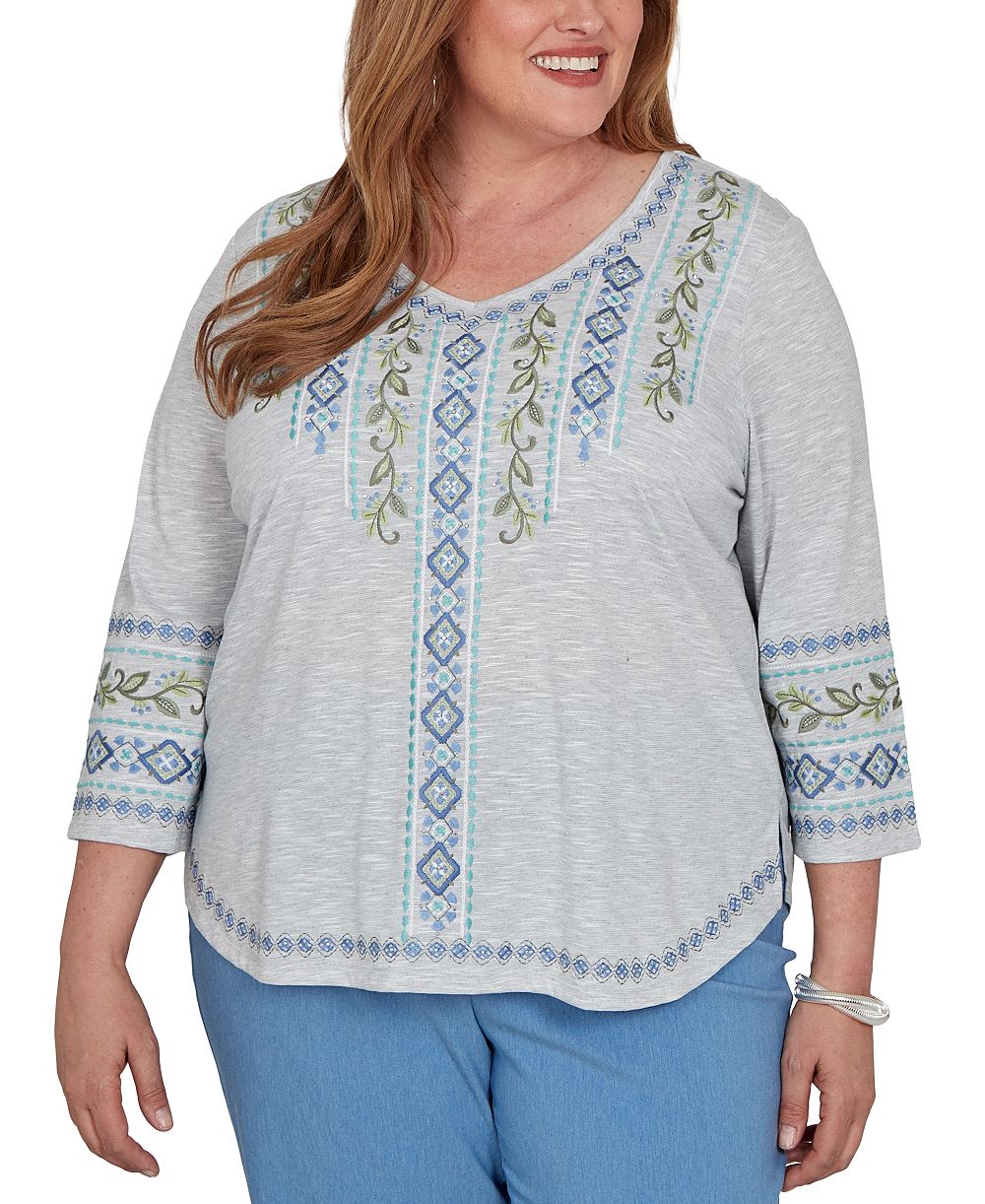 Alfred Dunner Plus Size Provence Center Diamond Вышитая рубашка с 3/4-Sleeve
