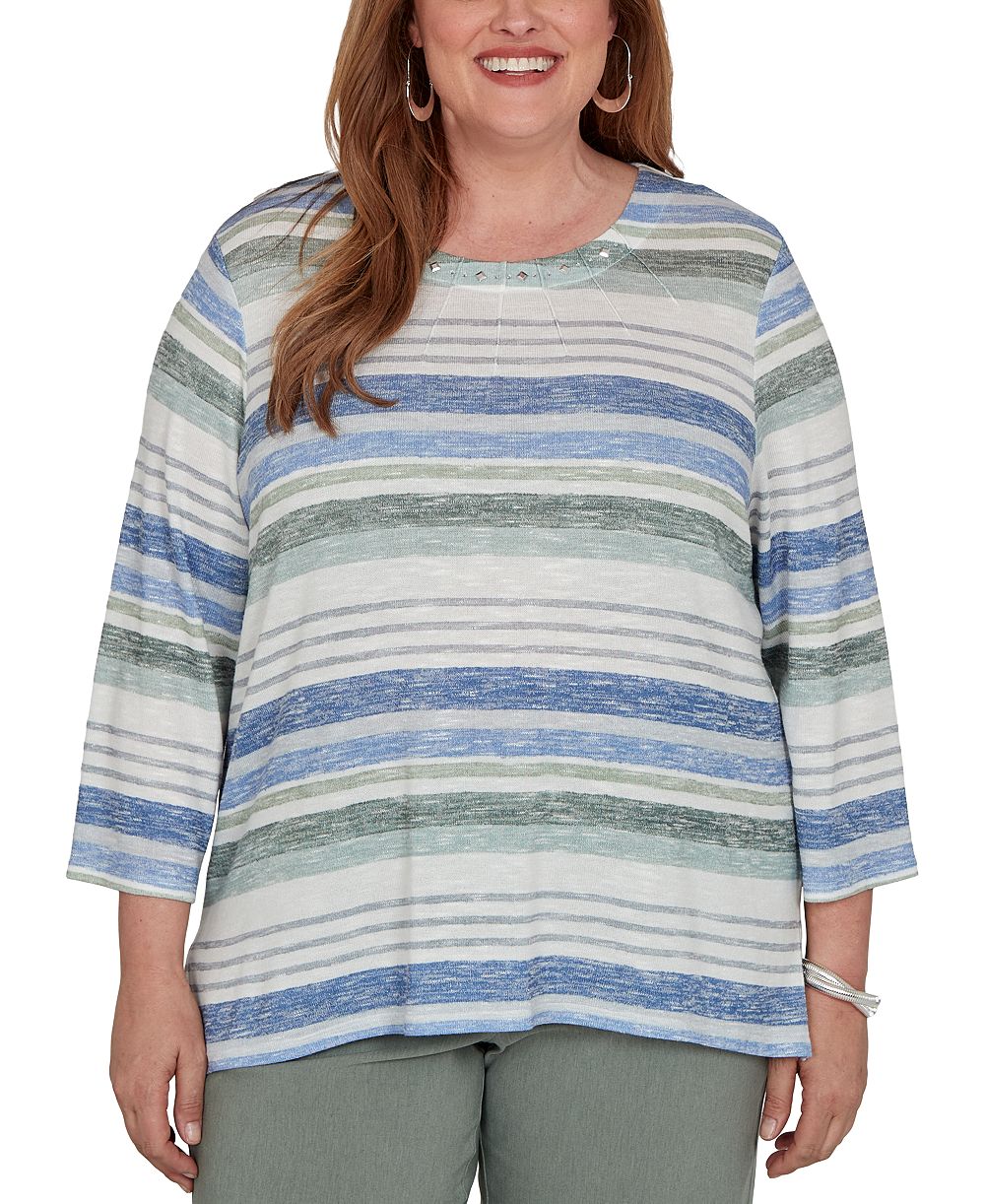Футболка Alfred Dunner Plus Size Provence в полоску с коротким рукавом 3/4