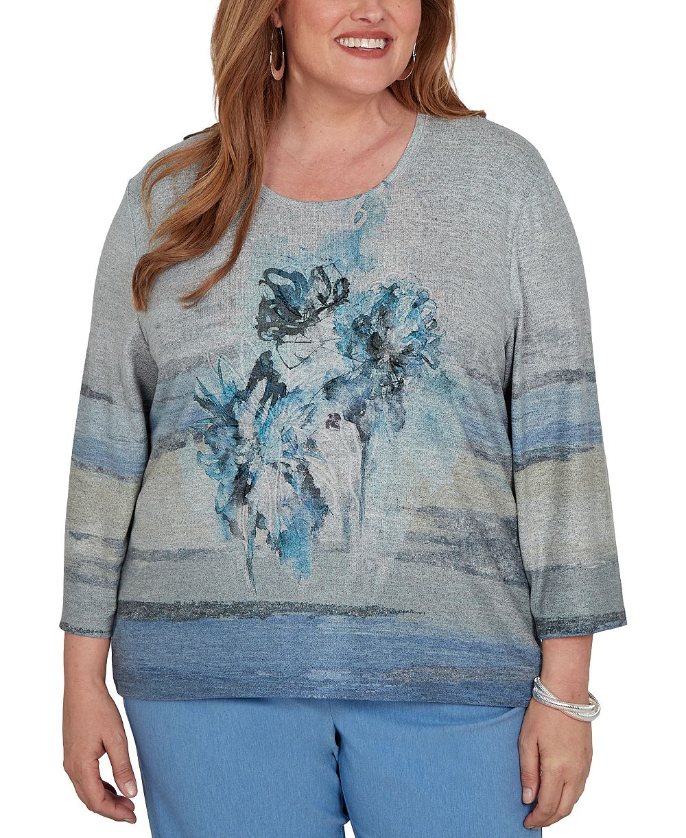 Alfred Dunner Plus Size блузка с кружевом и рукавом 3/4, цветочный принт Provence