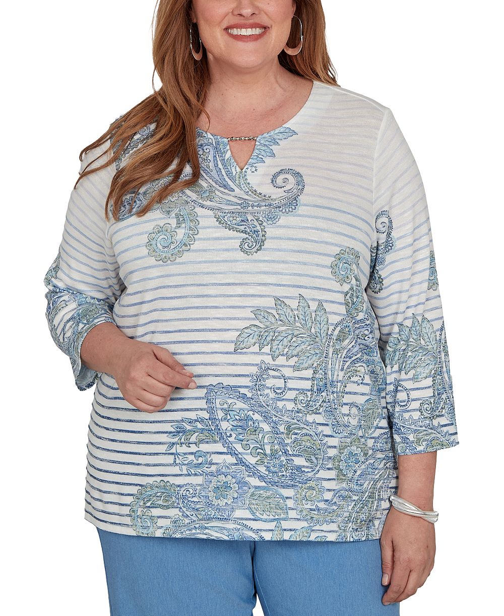 Женская блузка Alfred Dunner Plus Size Provence Paisley Stripe с разрезом и вырезом 3/4 рукава