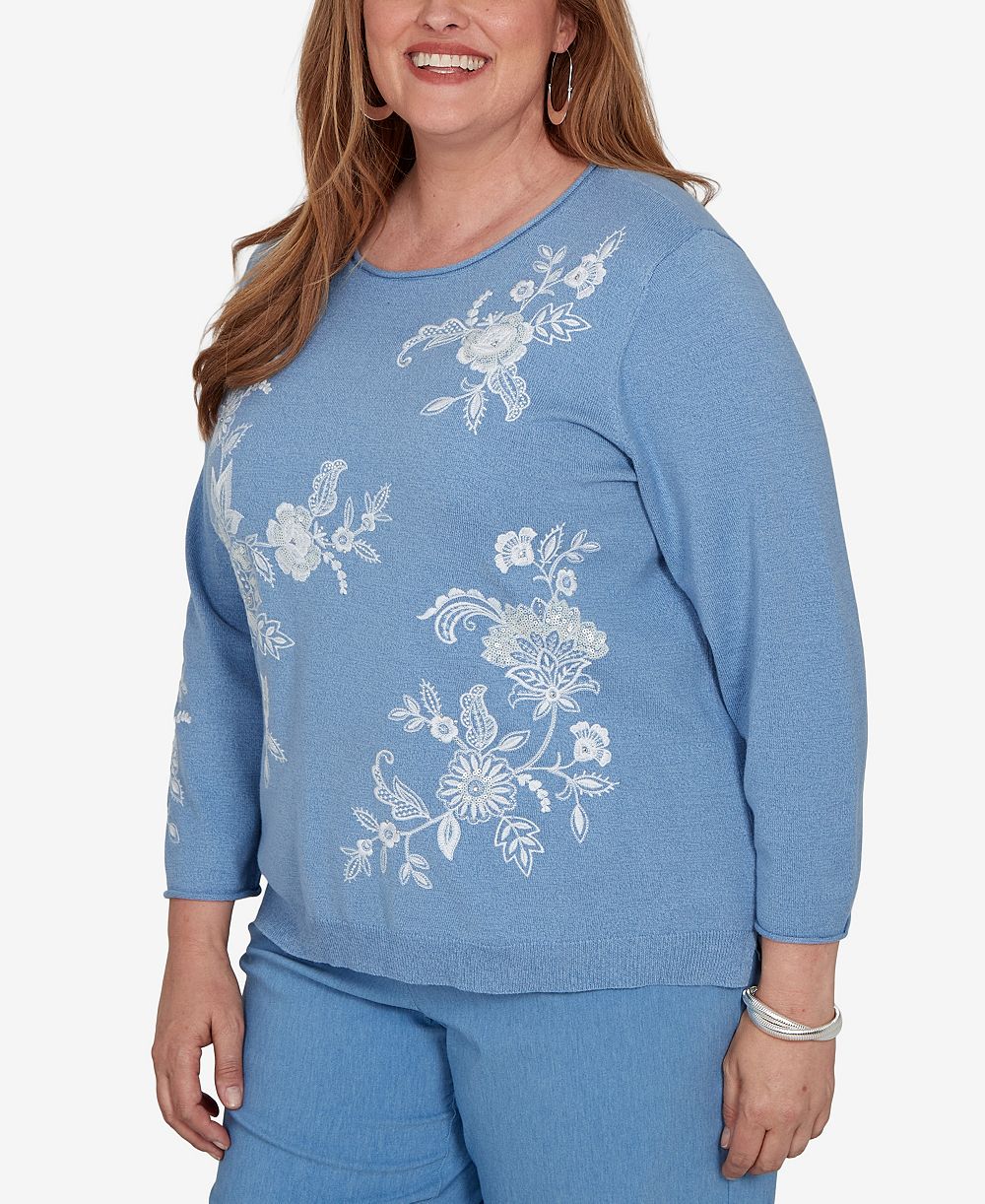 Свитер Alfred Dunner Plus Size Provence с цветочной вышивкой и рукавом 3/4