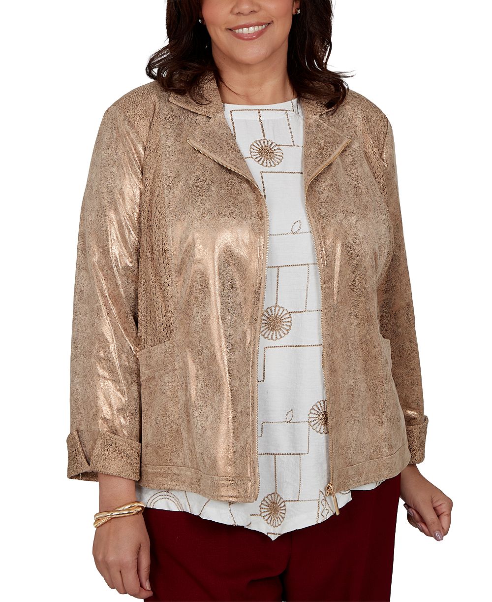 Alfred Dunner Plus Size Union Square Mixed Media Knit Back 3/4-Sleeve Zip-Front Jacket