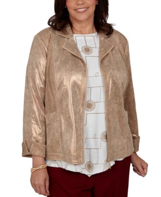 Alfred Dunner Plus Size Union Square Mixed Media Knit Back 3/4-Sleeve Zip-Front Jacket
