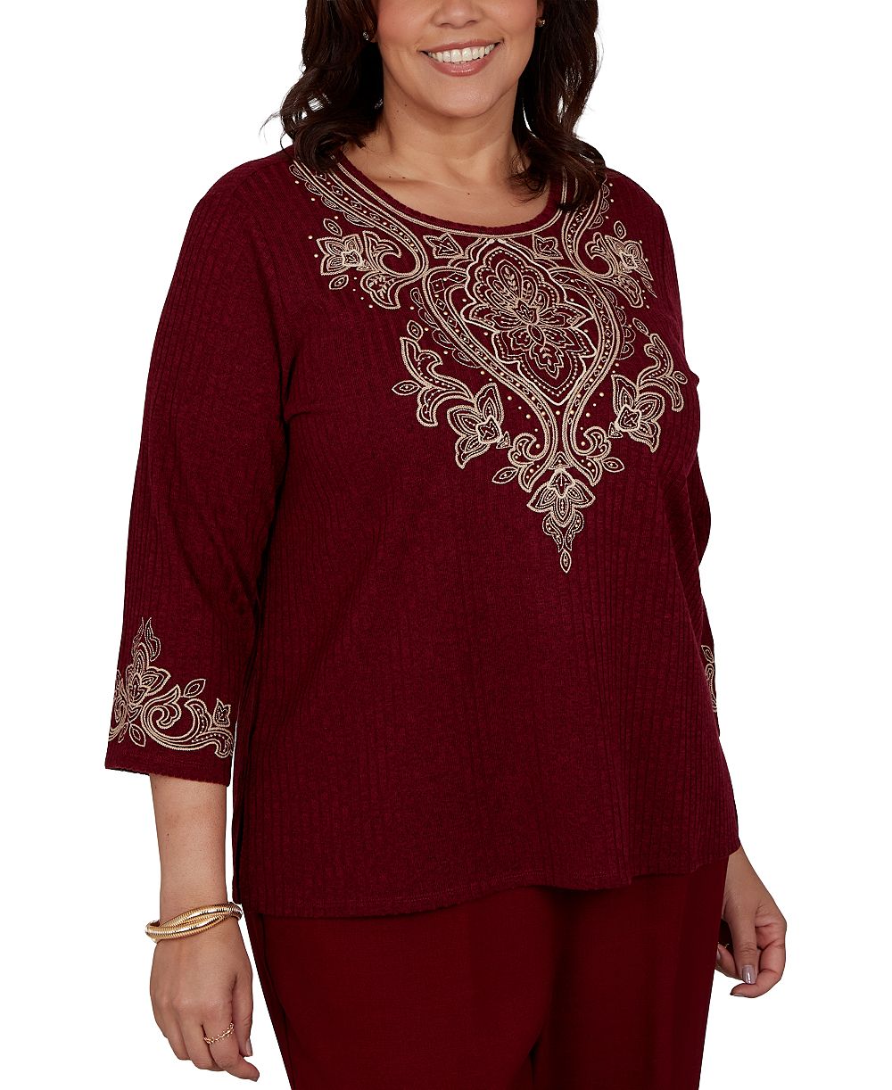 Alfred Dunner Plus Size Union Square Scroll-Embroidered 3/4 Sleeve Knit Top