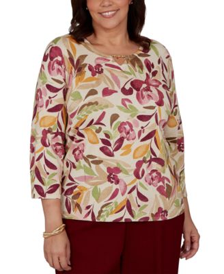 Alfred Dunner Plus Size Union Square Floral-Print 3/4-Sleeve Shimmer Sweater