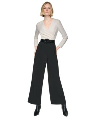 DKNY Women's 3/4 Sleeve Wide-Leg Surplice Jumpsuit