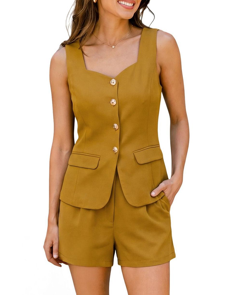 Cupshe Women's Gentle Tailored Sleeveless Vest Short Co-Ord Square Neckline Vest and Shorts Set