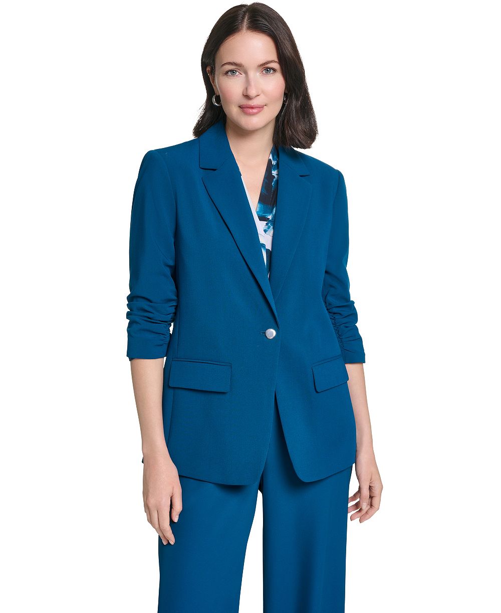Calvin Klein Women's Ruched 3/4-Sleeve Notch Collar One-Button Jacket