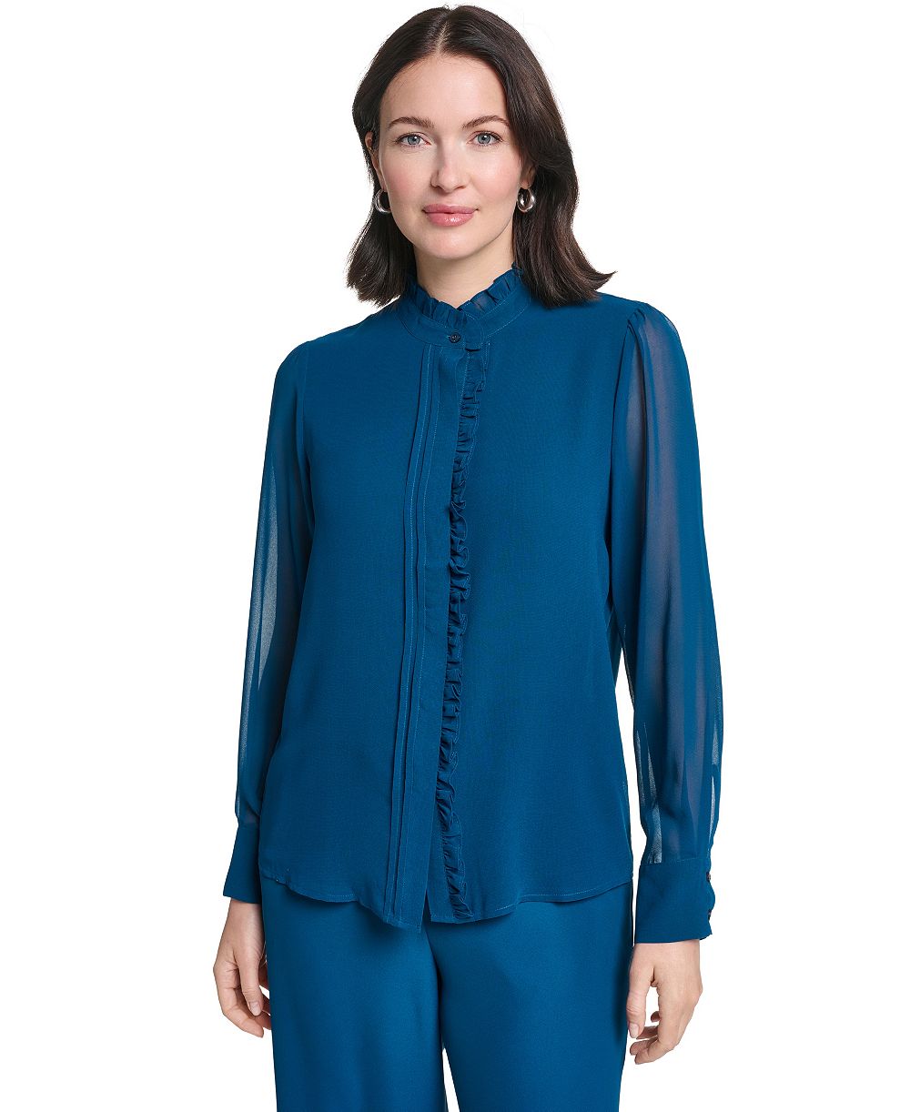 Calvin Klein Women's Long-Sleeve Mock Neck Ruffle Front Blouse
