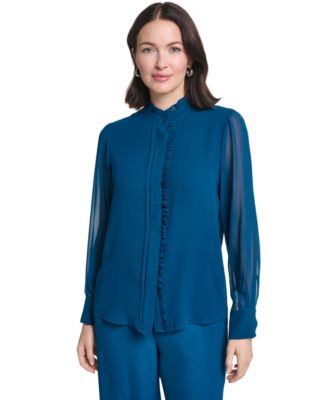 Женская блузка Calvin Klein с длинным рукавом, воротником-стойкой и воланами спереди