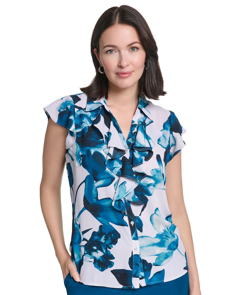 Calvin Klein Women's Ruffle Front Floral Collared Blouse