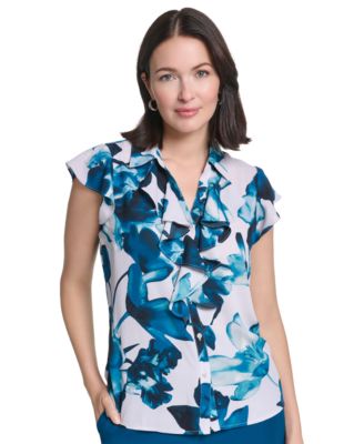 Calvin Klein Women's Ruffle Front Floral Collared Blouse