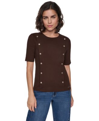 KARL LAGERFELD PARIS Women's Short-Sleeve Crewneck Ribbed-Knit Cotton-Blend Sweater