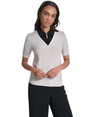KARL LAGERFELD PARIS  Women's Merino Wool-Blend Short-Sleeve V-Neck Sweater