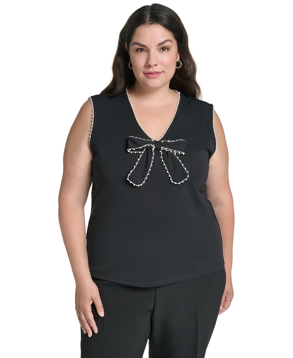KARL LAGERFELD PARIS Plus Size V-Neck Sleeveless Imitation Pearl Bow Blouse, Created for Macy's