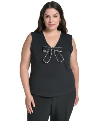 KARL LAGERFELD PARIS Plus Size V-Neck Sleeveless Imitation Pearl Bow Blouse, Created for Macy's