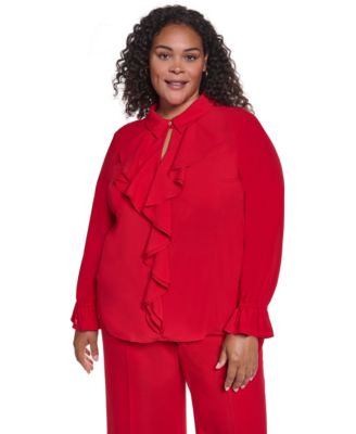 KARL LAGERFELD PARIS Plus Size Button-Up Ruffle-Trim Keyhole Blouse
