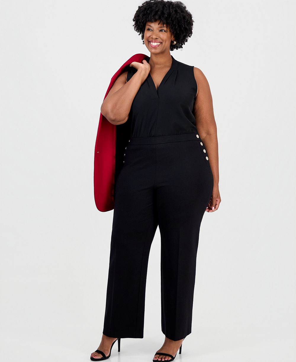 Anne Klein Plus Size Gold Button Wide-Leg High-Waisted Pants