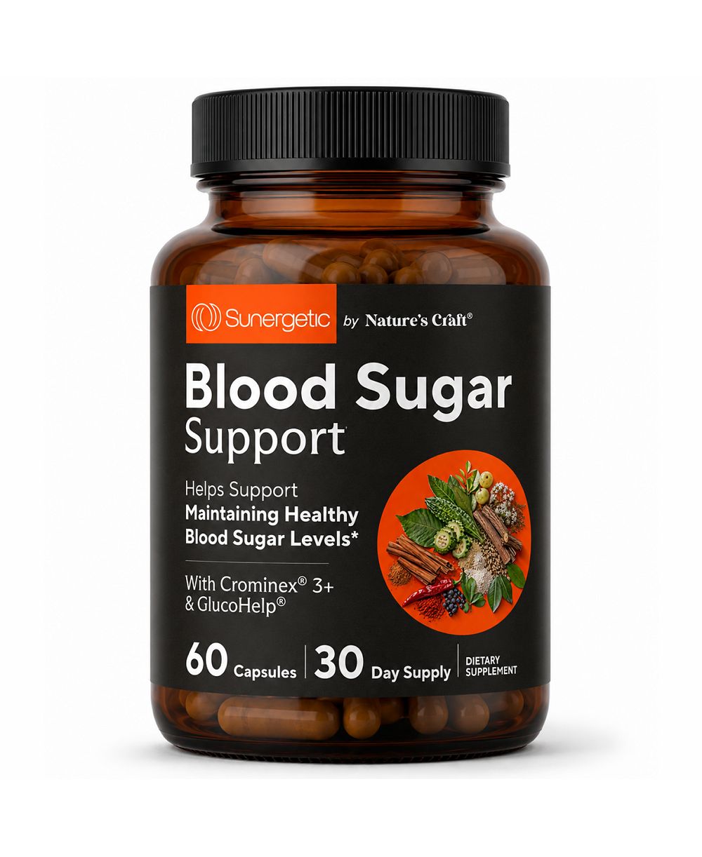 Добавка Sunergetic Blood Sugar Support с корицей, хромом, альфа-липоевой кислотой и травяным сбором, 60 капсул