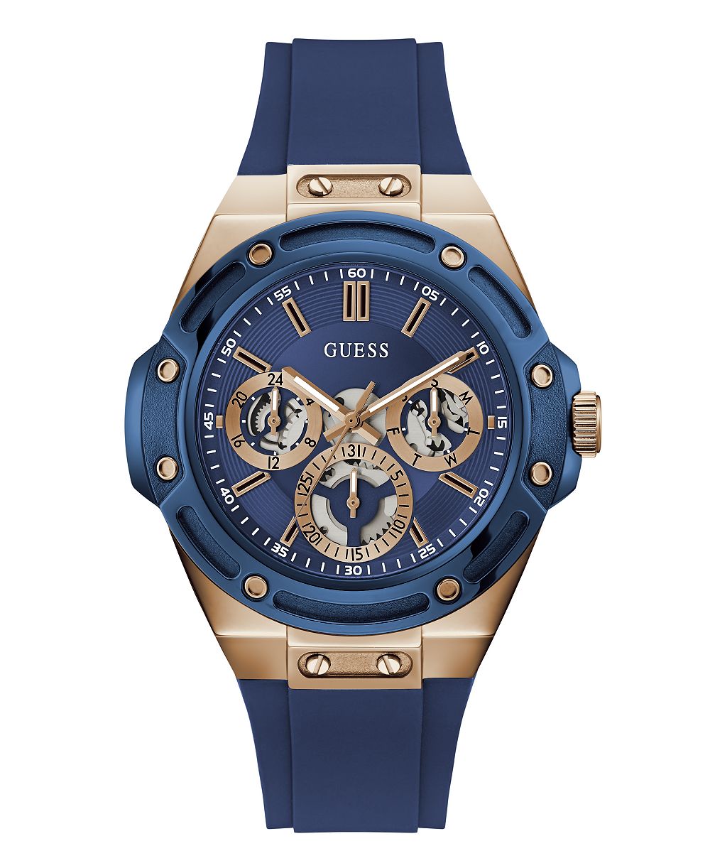 Мужские кварцевые часы GUESS с синим силиконовым ремешком, 44 мм