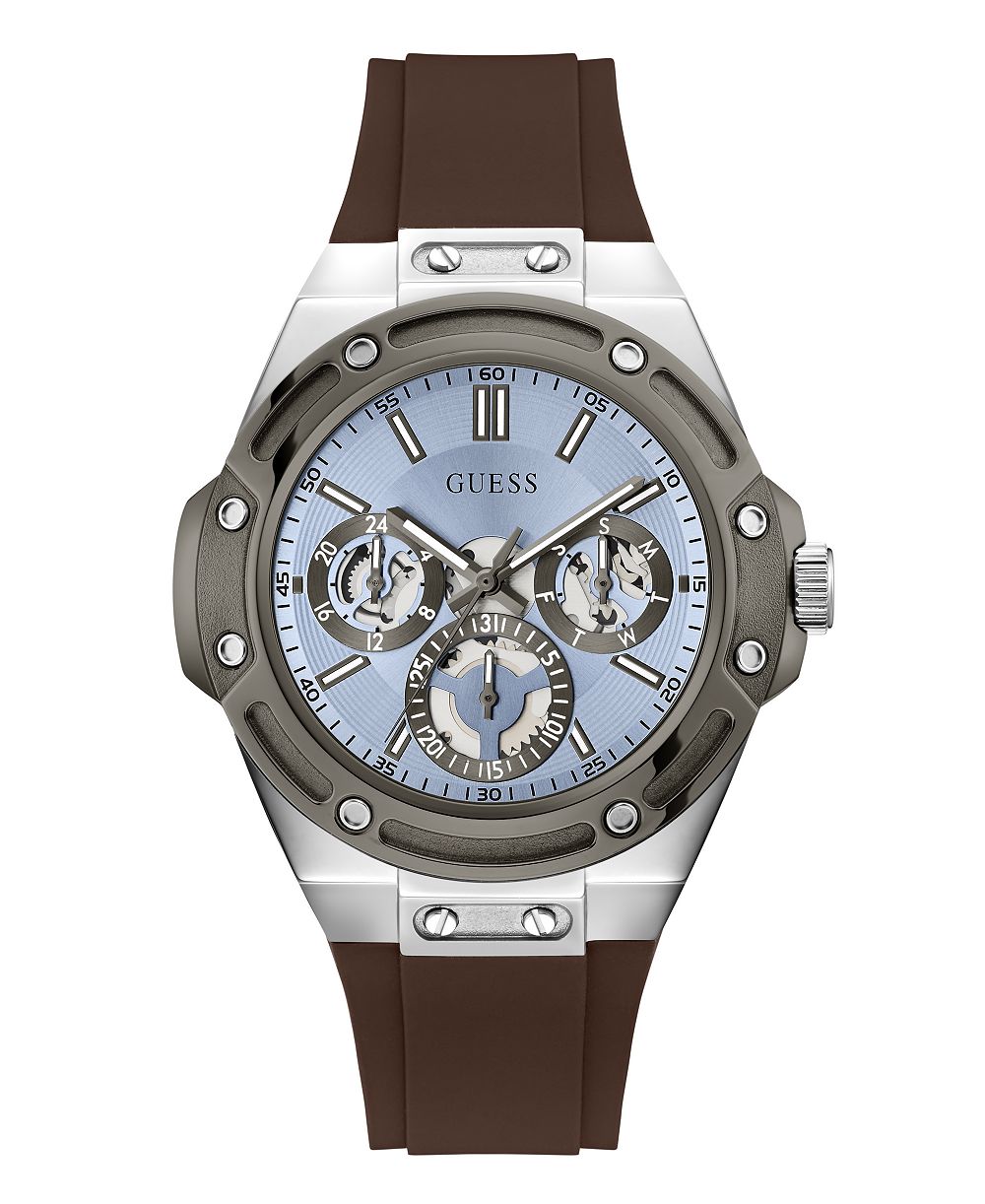 GUESS Men's Quartz Brown Silicone Strap Watch 44mm